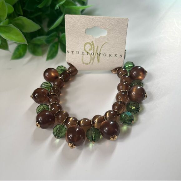 Studio Works Emerald Green Brown Boho Beaded Bracelet NWT - Picture 3 of 8